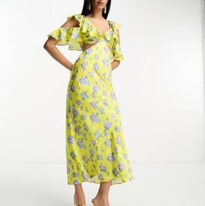ASOS DESIGN satin midaxi dress with multi flutter sleeves in yellow floral print